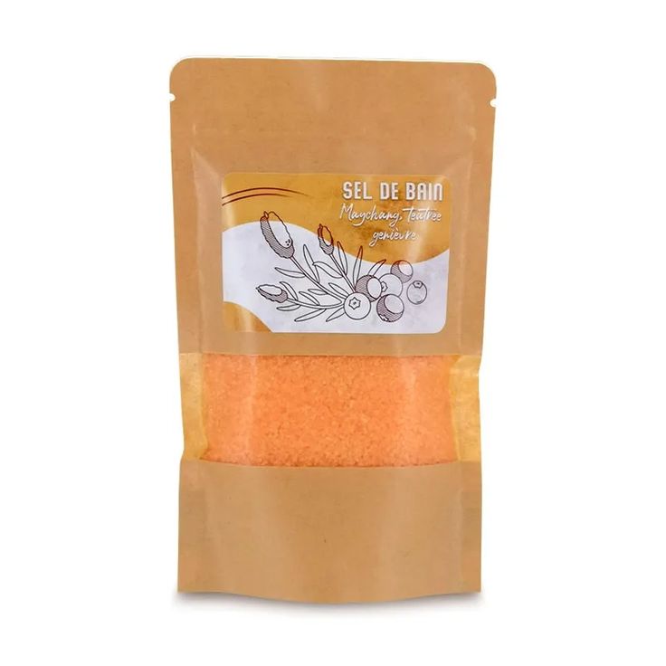 Sels de bain orange MayChang, TeaTree et Genièvre